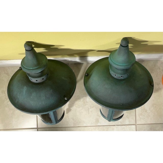 Green Timeless Elegance: Pair of Antique Verdigris Brass Wall Lanterns For Sale - Image 8 of 12