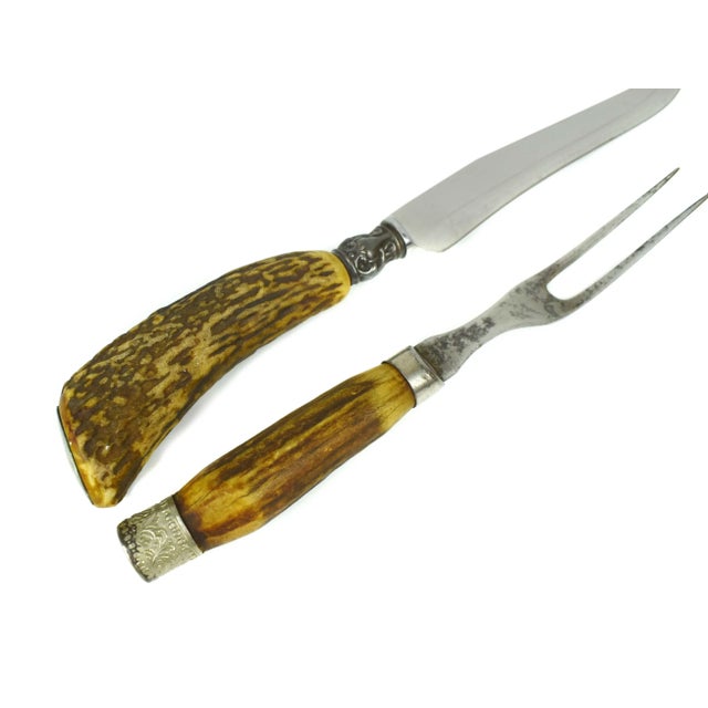 Farmhouse Mid 20th Century Steel and Natural Stag Antler Handles Serving Cutlery Carving Set - 2 Pieces For Sale - Image 3 of 5