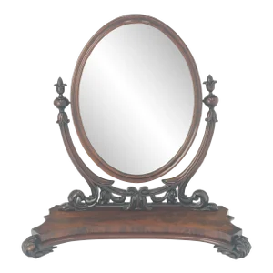 Very Fine Antique Carved Flame Mahogany Oval Swivel Shaving Mirror Acorn Finials