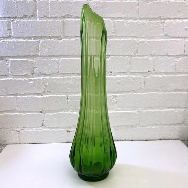 Viking Green Floor Vase. Made in the 1960s. 21½”H x 6¼”D 1960s Vintage Large Green Ribbed Blown Glass Vase