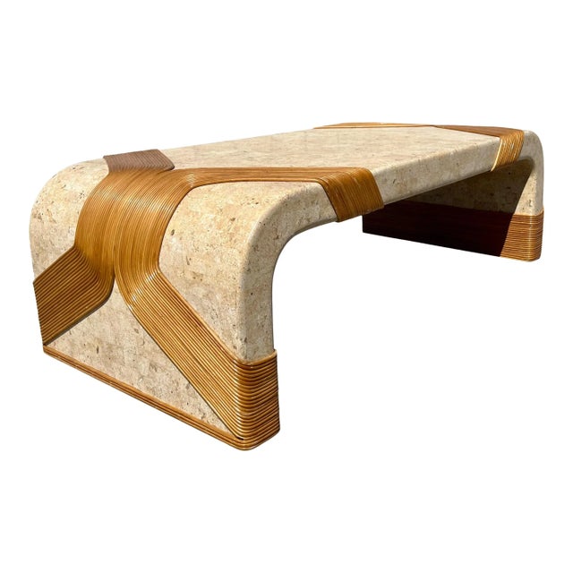1980s Modern Tessellated Marble & Pencil Bamboo Waterfall Style Coffee Table For Sale - Image 5 of 5