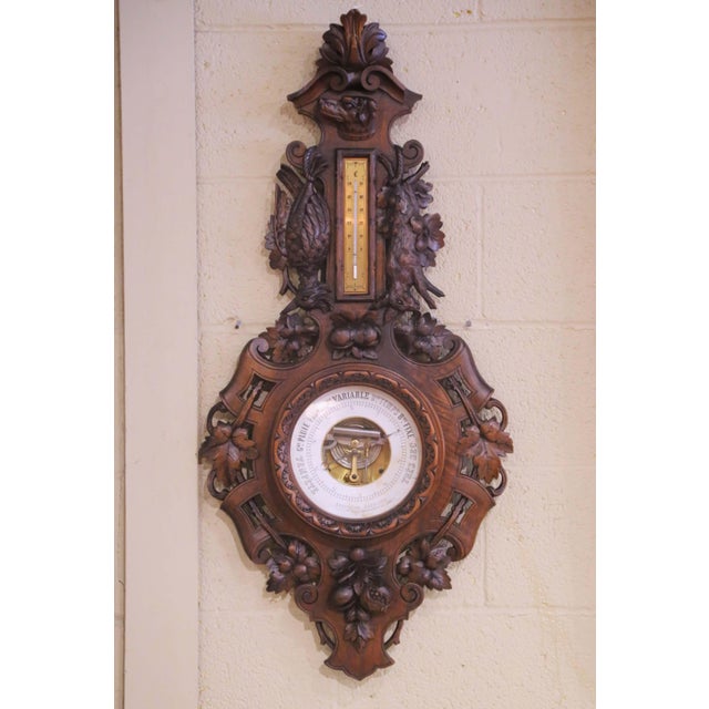 Late 19th Century 19th Century French Black Forest Carved Walnut Wall Barometer Thermometer For Sale - Image 5 of 9
