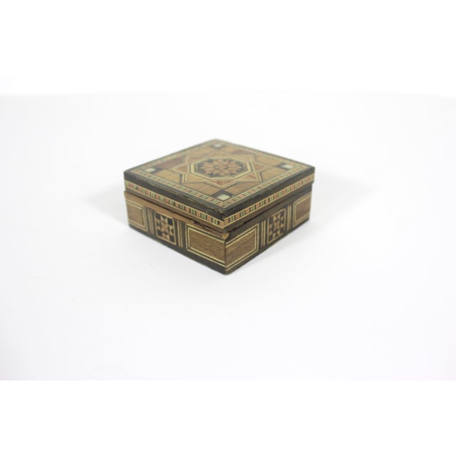 Vintage Wood Marquetry Inlaid Box Small Ring Handmade For Sale - Image 4 of 9