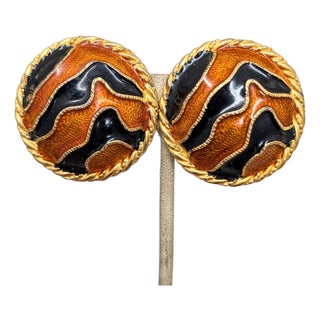 Vintage Signed Gerard Yosca Round Orange & Black Striped Clip Earrings- 2 Pieces For Sale