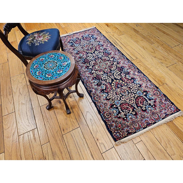 Textile Vintage Persian Kerman Rug, Hand-Knotted Wool, All-Over Floral Garden Pattern, Navy & Ivory, 3x7 For Sale - Image 7 of 16