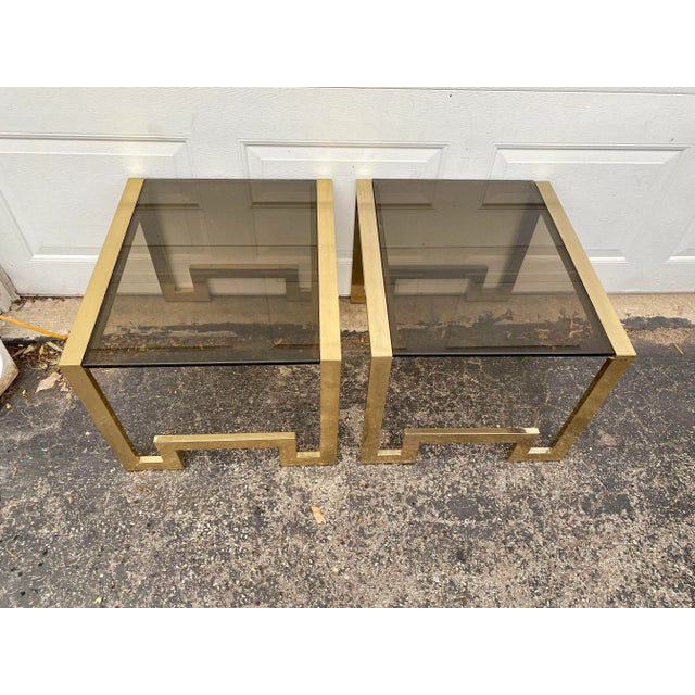 Mid 20th Century Greek Key Brass and Glass End Tables - Set of 2 For Sale - Image 4 of 9