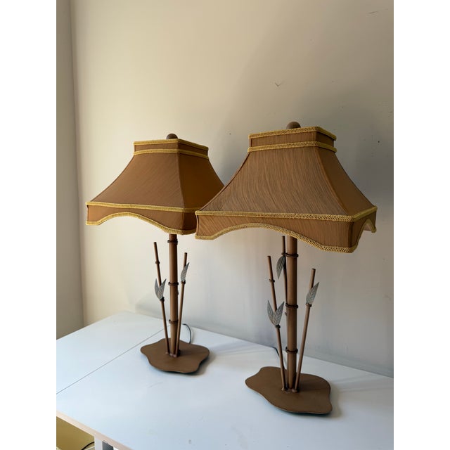 Metal Late 20th Century Bamboo Tole Table Lamps With Pagoda; A Pair For Sale - Image 7 of 10