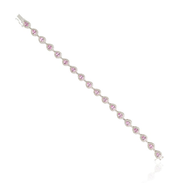 Metal 14k Gold Pear Cut 2.74ct Pink Sapphire & Diamond Byzantine Tennis Bracelet For Sale - Image 7 of 17