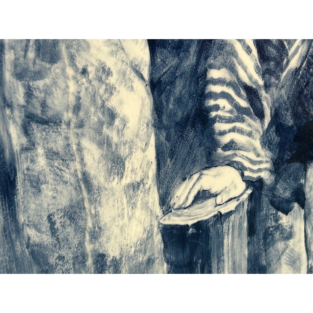 Contemporary Blue White People Graphic Porcelain Wood Framed Art For Sale - Image 10 of 10