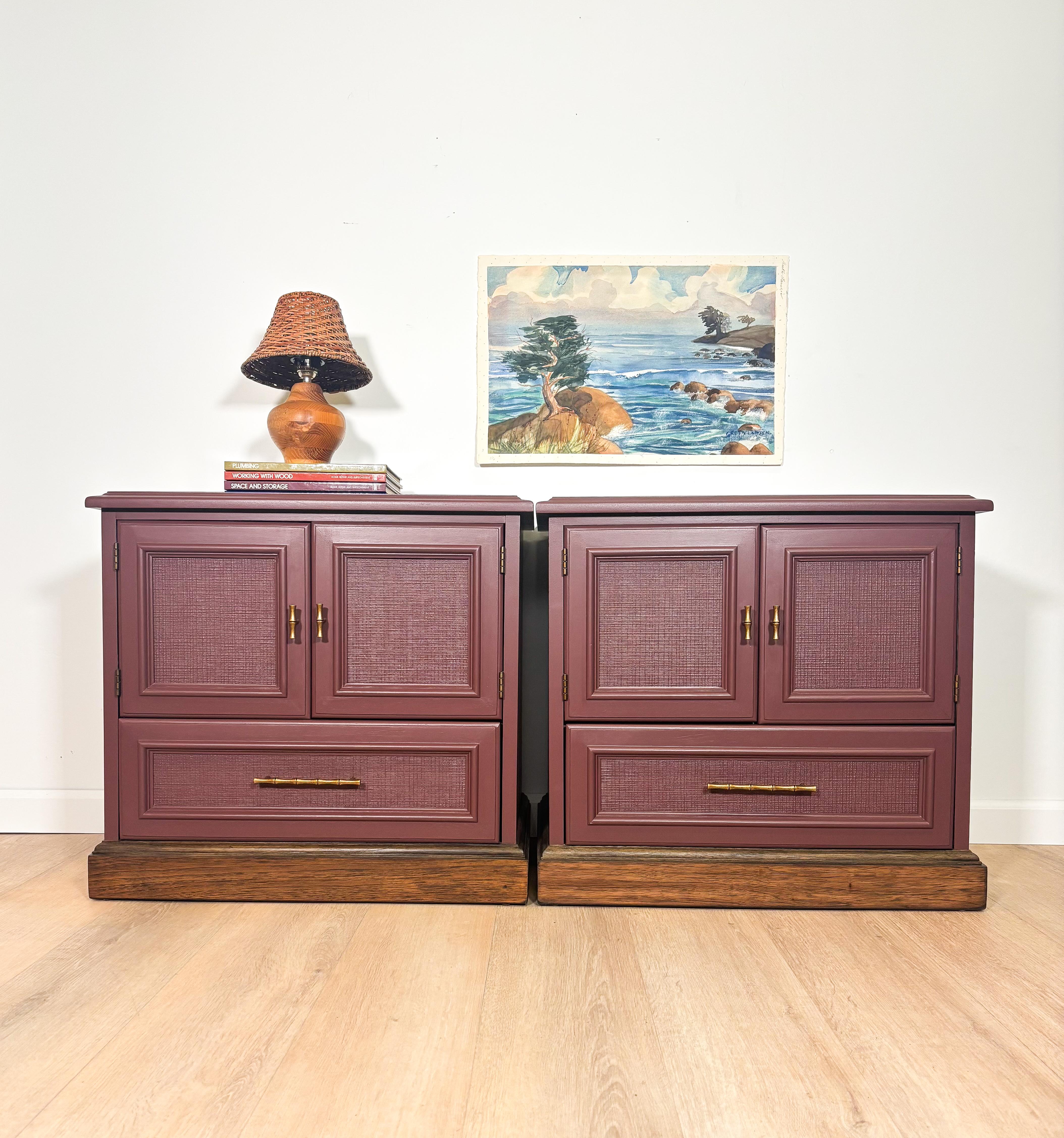 1970s Drexel Nightstand Set, Newly Refinished in Ruby Dusk by
