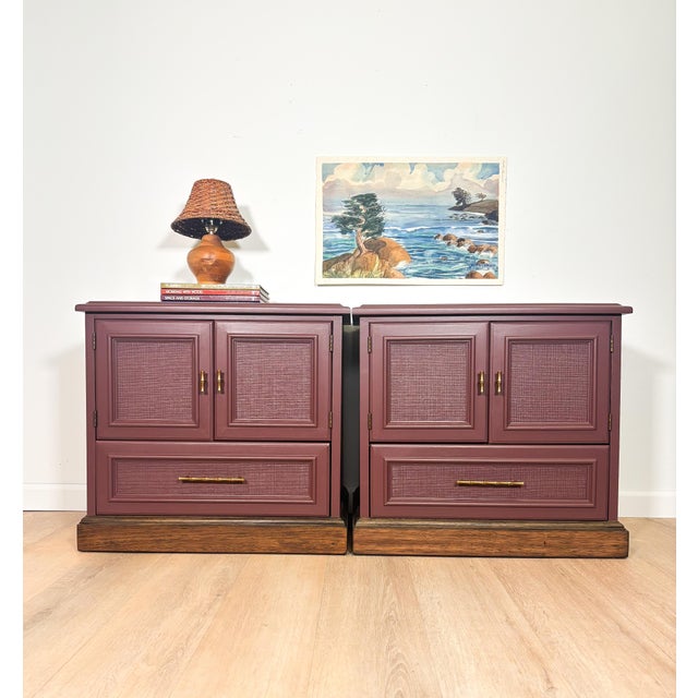 1970s 1970s Drexel Nightstand Set, Newly Refinished in Ruby Dusk by Benjamin Moore, A Pair For Sale - Image 5 of 11