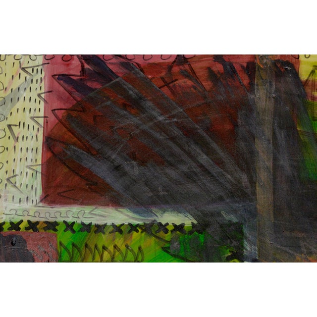 Fantastical abstract composition in green, red, and black by unknown artist Helen (20th century). Signed and dated...