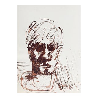 Vintage Mid Century Impressionist Man Sepia Portrait Drawing For Sale