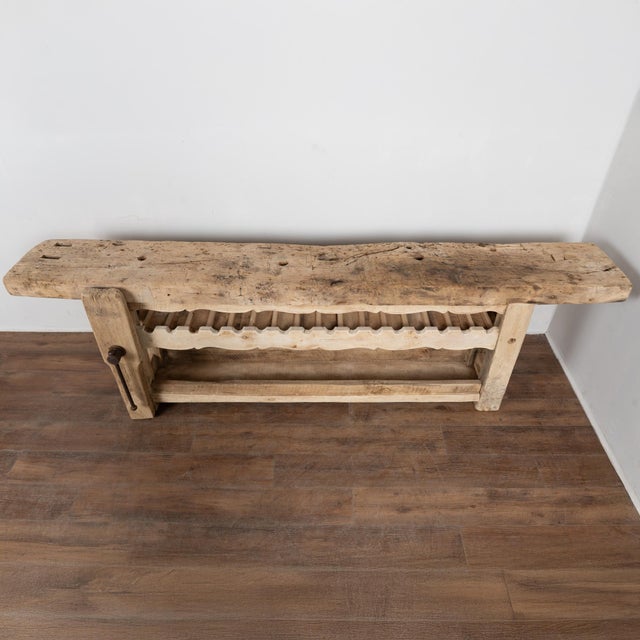 French Country ​​​​​​​Late 19th Century French Carpenters Workbench Rustic Console With Wine Rack For Sale - Image 3 of 15