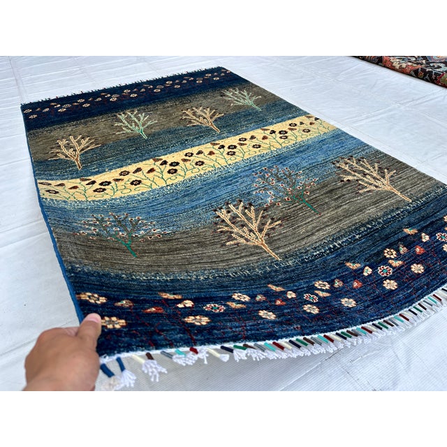 Indigo Persian Gabbeh Tree of Life Hand-Knotted Wool Rug - 4' X 6' For Sale - Image 6 of 12
