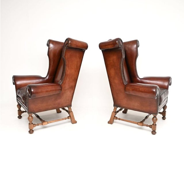 Antique Leather Wing Back Armchairs, 1920s, Set of 2 For Sale - Image 4 of 11