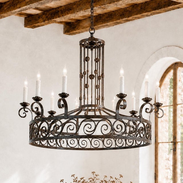 A striking sense of geometry gives this large Art Deco style wrought iron chandelier its dramatic appeal. The broad...