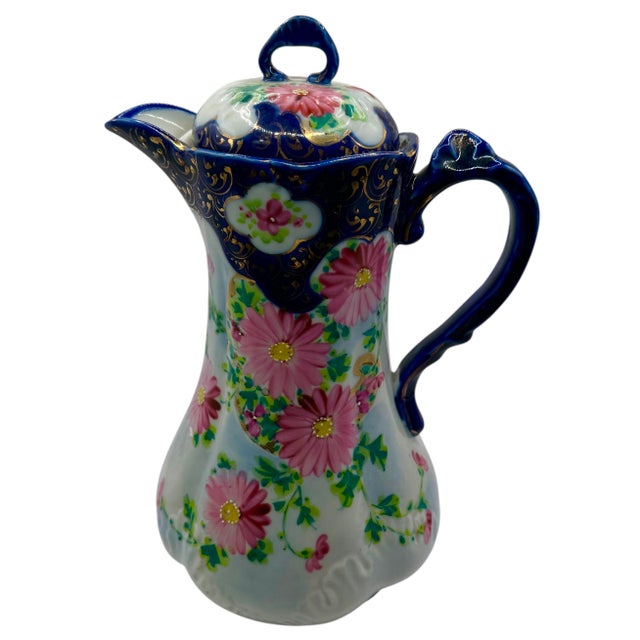 Vintage Nippon Style Cobalt Blue and Pink Chocolate Pot For Sale - Image 10 of 12