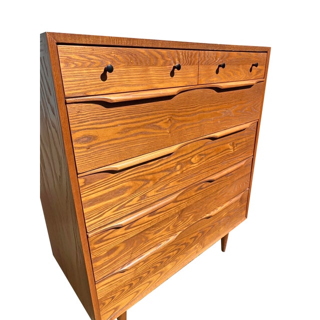 Vintage Mid Century Modern Oak and Cane Floating Highboy Tall Dresser Chest of Drawers For Sale In New York - Image 6 of 11