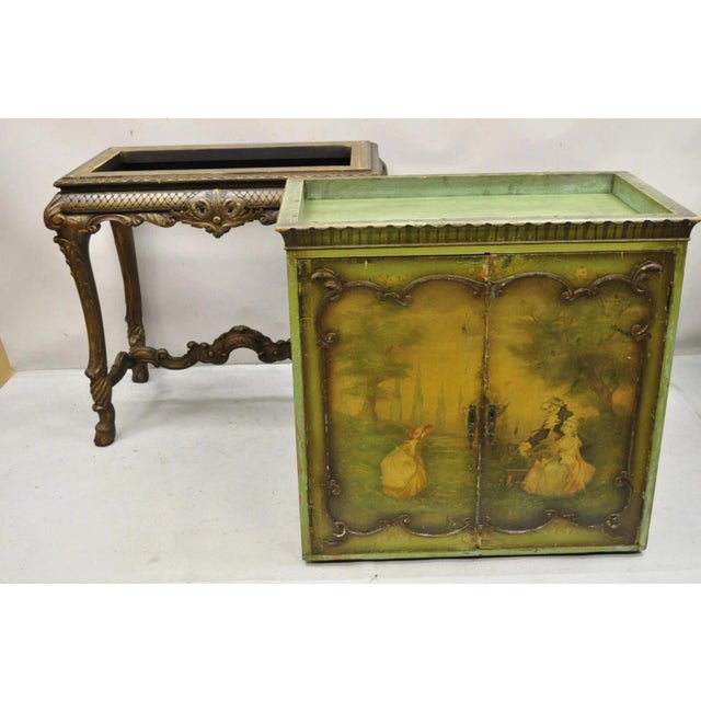 Antique French Renaissance Green Distress Painted Radio Cabinet Bar Cupboard For Sale - Image 10 of 14