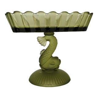 Houze Art Glass Green Satin Dolphin Compote – 1930s–40s For Sale
