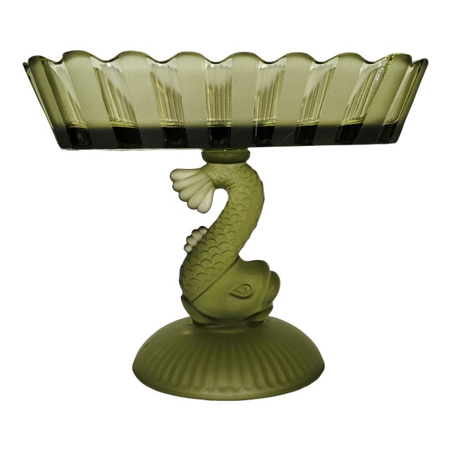 Houze Art Glass Green Satin Dolphin Compote – 1930s–40s For Sale