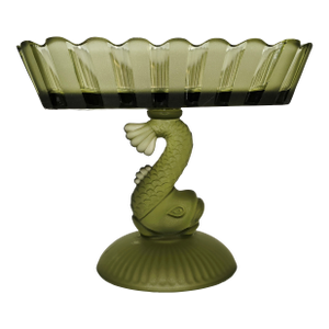 Houze Art Glass Green Satin Dolphin Compote – 1930s–40s