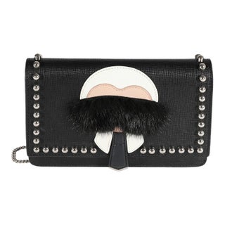 Black Vitello Elite & Mink Studded Karlito Chain Wallet For Sale