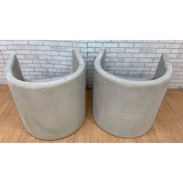 Vintage Barrel Back Lounge Chairs Newly Upholstered in Designer Textured Embossed Scaled "Creme' Latte" Suede - Pair...