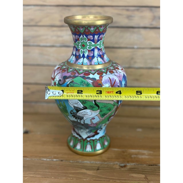 Metal Vintage Chinese Cloisonné Vase With Cranes & Peony Motif – 8” For Sale - Image 7 of 9
