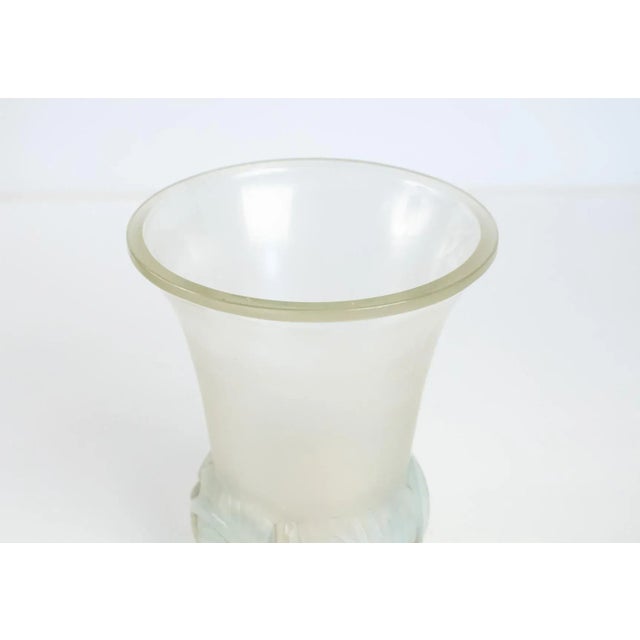 Rene Lalique opalescent Lila's vessel: 23.5 cm tall flaring opalescent glass rimmed R. Lalique vase with a band of high...