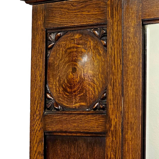 Arts & Crafts Oak Wardrobe With Carved Roundels and Mirrored Center Door For Sale - Image 13 of 14