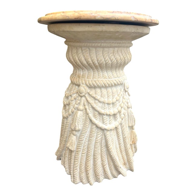 Gorgeous cerused plaster tassell end table with marble top.