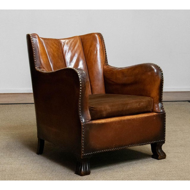 Club Chair in Tan Brown Patinated Leather in the style of Fritz Hansen, 1930s For Sale - Image 3 of 16