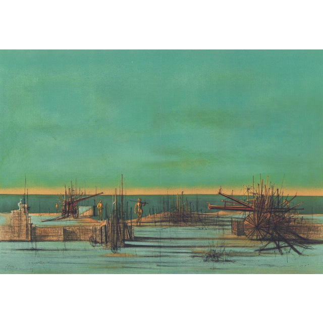 Original lithograph after the painting "Le Rivage Fortifié" (The Fortified Shore) by Jean Carzou, published in the 1959...