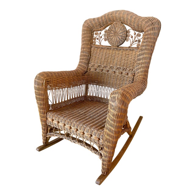 Mid 20th Century Vintage Cottage Chic Wicker Rattan Medallion Wingback Adult Rocking Chair For Sale