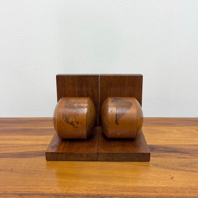 Mid-Century Modern Vintage Globe Inlaid Wooden Bookends - Pair For Sale - Image 3 of 6