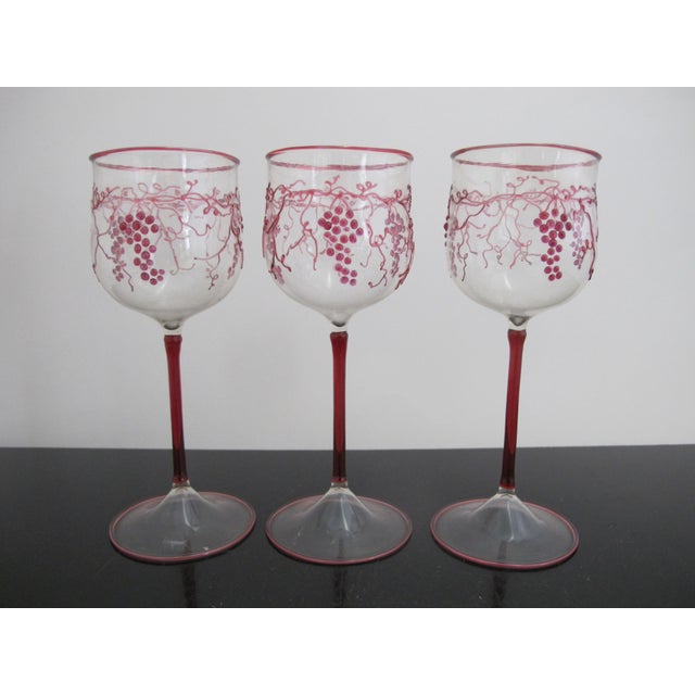 Early 20th Century Theresienthal Clear Crystal Bohemian Ruby Grape Vine Cordial Wine Glass Set of 3 For Sale - Image 5 of 9