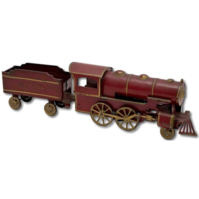 Figurative Excellent Large Early 1900s Antique American Pressed Steel Locomotive "Hill Climber" Toy Train - 25 Inches Long For Sale - Image 3 of 18