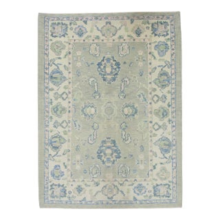 Turkish Oushak Rug Green & Blue Handwoven Wool Rug 4' X 5'5" For Sale