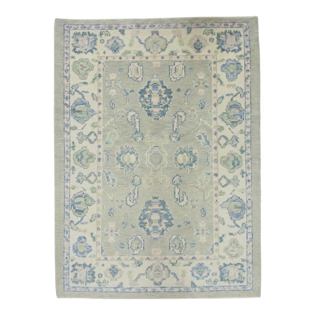 Turkish Oushak Rug Green & Blue Handwoven Wool Rug 4' X 5'5" For Sale
