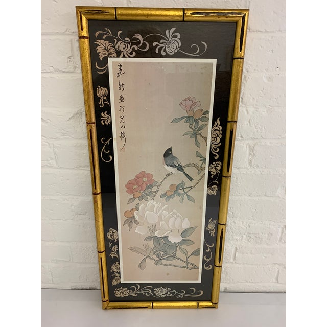 Asian Inspired Lithograph Framed Prints in Gold Bamboo Frames Set of 2 Chairish
