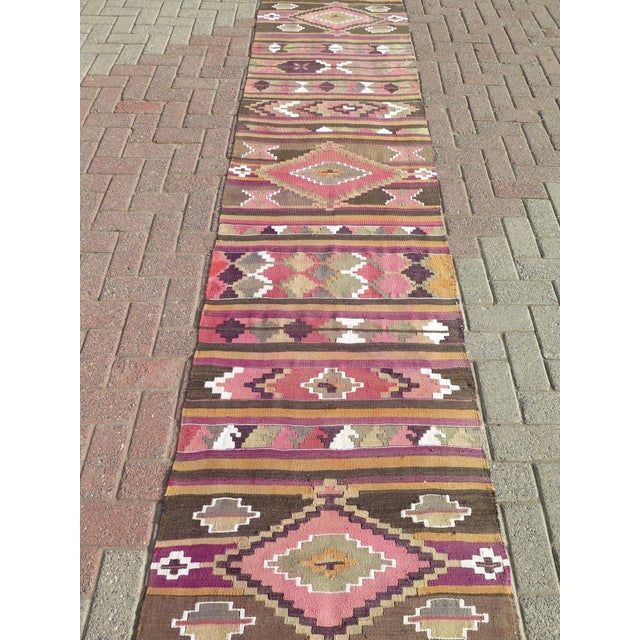 Mid-Century Modern Mid 20th Century Vintage Turkish Extra Long Hallway Kilim Area Runner Rug For Sale - Image 3 of 11