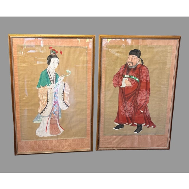 Pair of Antique Hand Painted Chinese Ancestral Portrait Paintings For Sale - Image 9 of 9