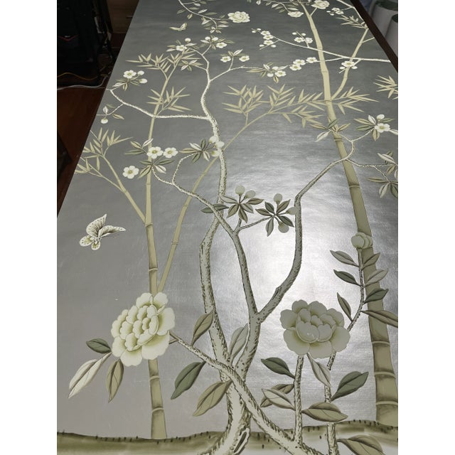 Chinoiserie Chinoiserie Style Silver Leaf Hand Painted Wallpaper Panels - Set of 2 For Sale - Image 3 of 3