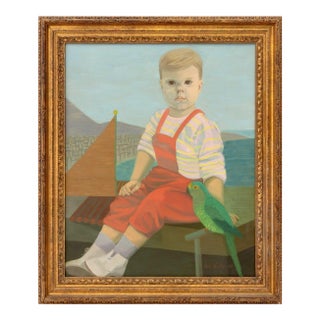 Signed Portrait of a Child With Green Parrot, 1961 For Sale