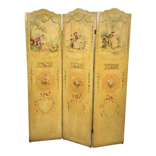 Antique French Louis XV Hand-Painted Canvas Three-Panel Screen / Room Divider For Sale