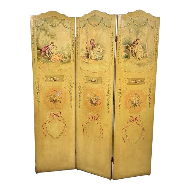 Antique French Louis XV Hand-Painted Canvas Three-Panel Screen / Room Divider For Sale