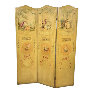 Antique French Louis XV Hand-Painted Canvas Three-Panel Screen / Room Divider