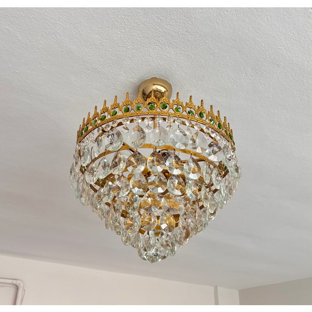 Vintage Brass & Original Emerald Green Gem Crystal Chandelier (5-Light) A breathtaking vintage French Regency-style flush...